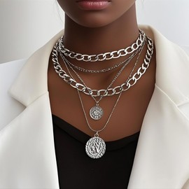 CSIYANJRY99 Silver Pirate Necklace for Women Layered Coin Medallion Necklace Chunky Silver Chain Pirate Costume Accessories (Silver)