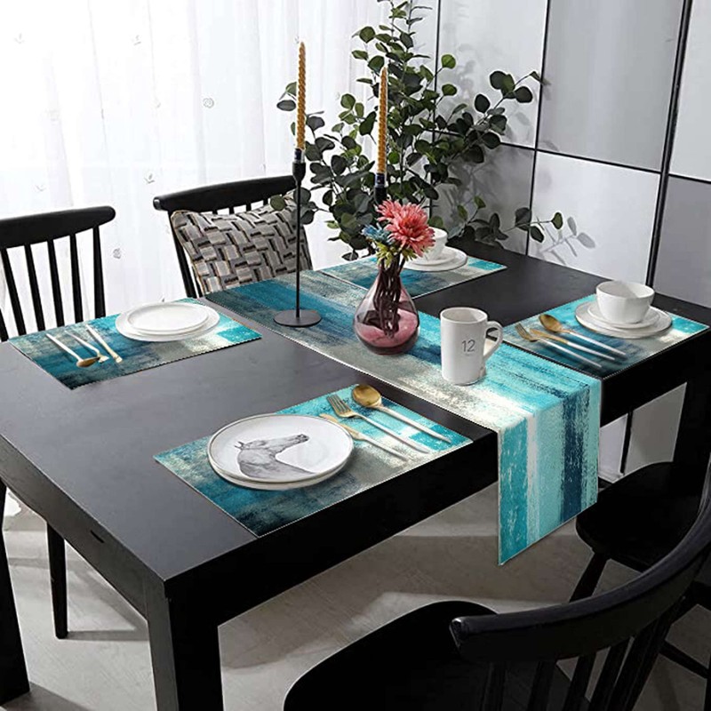 TQFZP Teal Blue Abstract Table Runner and Place Mats Set