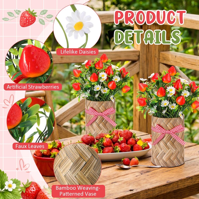 Retrowavy 6 Sets Strawberry Centerpieces for Tables Artificial Strawberry Daisy