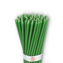 Danilovo Pure Beeswax Candles - No-Drip, Smoke-Less, Tall, Thin Taper Candles – Decorative Candles for Church Prayer, Decor or Birthday Candles – Honey Scented Candles – 6.3”x0.2” (Green, 50pcs)