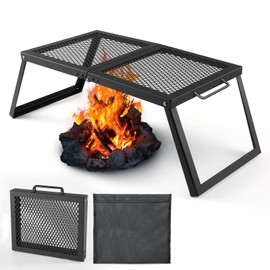 Odoland Folding Campfire Grill, Heavy Duty Steel Mesh Grate with Folding Legs and Storage Bag, Portable Camping Grates, Over Fire Pit Grill Rack for Outdoor Cooking and Bonfire