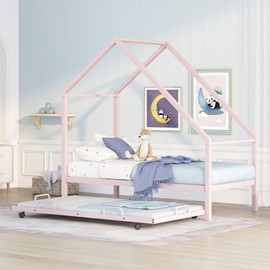 Merax Twin Kids House Shaped Low Beds with Trundle, Heavy Metal Platform Bed Frame for Child, Girls,No Box Spring Needed,Easy Assemble (Twin,Pink