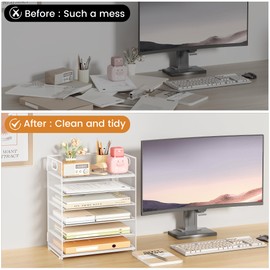 Subekyu 6 Tier Paper Organizer for Desk with Handle, Metal Mesh Desk Office File Folder Paper Letter Tray Accessories Organizer Sorter for Home, School, Office Desktop Document Organization - White