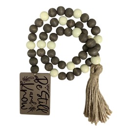 40" Handmade Farmhouse Bead Garland Wood with Tassel, Boho Chic Decorative String Beads Home Decor, Table Tiered Tray Country Wooden Accents (Serenity Natural: Be Still and Know, 0.63" Diameter)