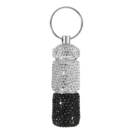 Bling Pill Case Portable Travel Pill Container Bottle Rhinestone Waterproof Small Pill Holder with Keychain Cute Mini Pill Storage Box for Outdoor Camping Case (White-Black)