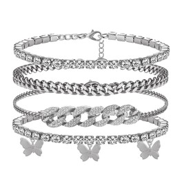 yfstyle 3PCS Cuban Link Ankle Bracelet Butterfly Rhinestone Anklet Set Women Summer Beach-3 cuban silver