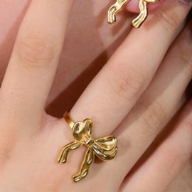 TACBSP Gold Bow Ring for Women Bowknot Ribbon Ring Silver Dainty Adjustable Bow Ring Christmas Birthday Jewelry (gold)