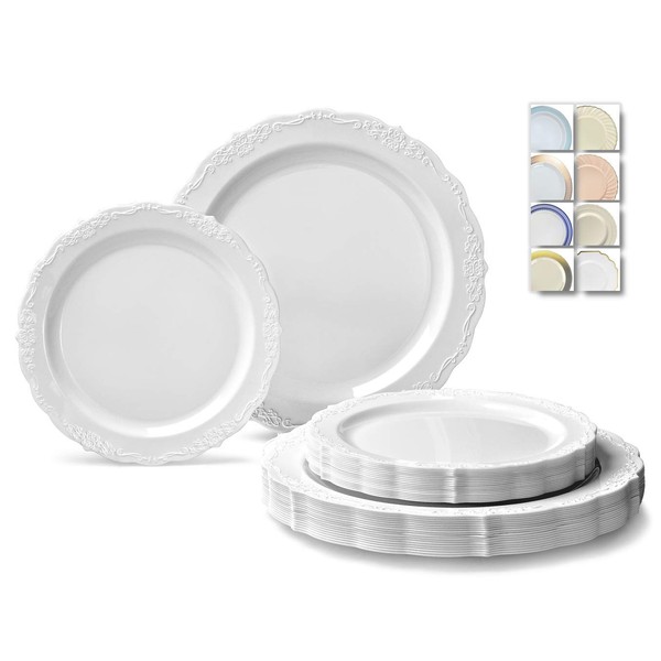 " OCCASIONS" 50 Plates Pack (25 Guests)-Vintage Wedding Party Disposable Plastic Plate Set -25 x 10'' Dinner + 25 x 7.5'' Salad/Dessert plates (Verona in White)