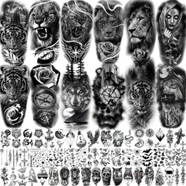 COKTAK 64 Sheets Large Black Arm Temporary Tattoos For Men Forearm Women Thigh, Half Sleeve Animals Lion Tiger Wolf Temp Tattoo Stickers Adults, Death Skull Compass Flower Fake Tattoos That Look Real