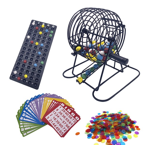 JUNWRROW Deluxe Bingo Game Set with 6 Inch Bingo Cage, Bingo Master Board,75 Colored Balls with a Bag, 50 Bingo Cards, and 500 6 Color Mix Bingo Chips with a Bag, Ideal for Large Groups