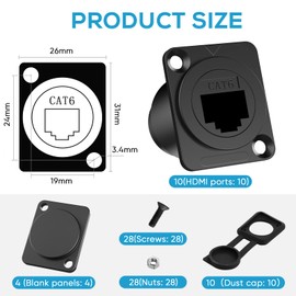 YQMRCZRF 14PCS RJ45 D-Type Coupler and Panel-Mount Blank Plate Set，Pass Through Shielded RJ45 Panel Mount Connector, CAT6/CAT5E/CAT5 Female to Female LAN Network Bulkhead Pass Through Socket with Cap