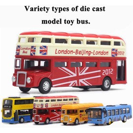OTONOPI Bus Toys Pull Back School Bus Double Decker London Vehicles City Sightseeing Tour Bus Die Cast Metal Toy Cars Friction Powered Play Vehicle Toy Set for Kids 4 Pack