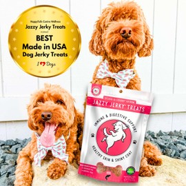 HappyTails Jazzy JerkyTreats for Dogs, Splash-A-Licious Salmon with Prebiotics for Gut & Immune Health, Omega 3s & 6s for Skin & Coat Health, Made in USA, Small-Large Pet, All Life Stages, 10 oz