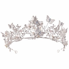 Butterfly Crowns and Tiaras Flower Rhinestone Bride Crown Baroque Queen Tiaras Pearl Headpiece for Women (Silver)
