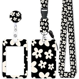 ID Badge Holder with Retractable Lanyard, Badge Holders Reel with 360 Degrees Rotate Carabiner Clip for Women, Teachers, Nurses, Doctor,Students, Office(Black White Flowers)