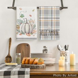 Artoid Mode Grey Watercolor Stripes Hello Pumpkin Fall Kitchen Towels Dish Towels, 18x26 Inch Seasonal Leaves Decoration Hand Towels Set of 4