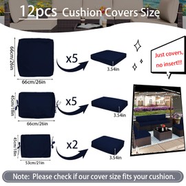 12 Pcs Outdoor Cushion Covers Replacement, Waterproof Sofa Cushions Slipcovers for Patio Furniture， Fit for 6-Seater Wicker Sectional Sofa Conversation Set, Covers Only (12, Navy Blue, 26x18in)
