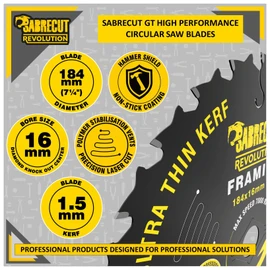 1 x SCCSN16184_24 SabreCut 184mm 24T x 16mm Bore High Performance Ultra Thin Kerf Wood Plywood MDF Chipboard Framing Circular Saw Blade