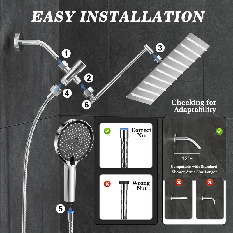12 Inch Shower Head, Rain Shower Head with Adustable Extension