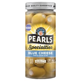 Pearls Specialties Blue Cheese Stuffed Greek Queen Olives, 6.7oz Jar, Pack of 6, Non-GMO verified, Kosher certified, Halkidiki Queen Olives Imported from Greece