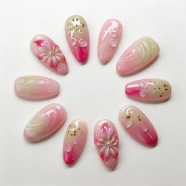Tastetreasure 30 unghie finte 3D con fiori 3D, sfumature di colore rosa, con cuscinetti adesivi, unghie finte a mandorla lucide, design con perle, eleganti set di unghie adesive