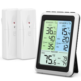 Ankilo Digital FridgeThermometer, Wireless Fridge Thermometer with 2 Sensor, Colour LCD Display & Max Min Records, Temperature Alarm Gauge, Ideal for Small Fridges, Kitchen, Restaurant