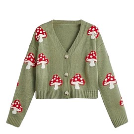 CORIRESHA Women's Cute Mushroom Cardigan Sweater Button Long Sleeve V Neck Knit Crop Outwear Green