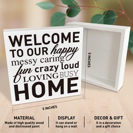 Inspirational Home Wooden Box Sign, Welcome to Our Happy Messy Home, Home Living Room Entryway Decor, Motivational Home Desk Farmhouse Decorations, Housewarming Gifts for New Home House Women Men