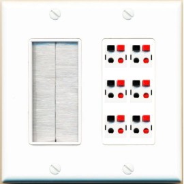 RiteAV 6 Port Speaker Wire Plug Jack Wall Plate - Brush [White]