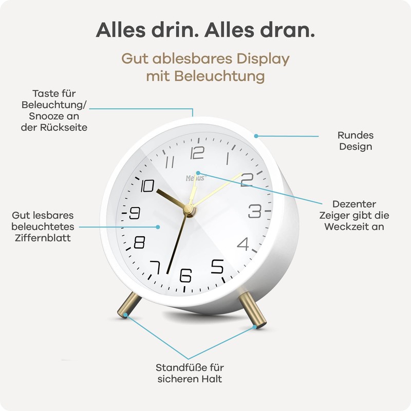 Mebus Silent Alarm Clock with Stylish Design, Snooze and Illuminated