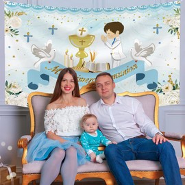 Baptism Decorations-Blue Floral Baptism Backdrop,God Bless Mi Primeria Communion Photo Backdrop Banner for Boys First Communion Baptism Christening Baby Shower Backdrop Baptism Favors