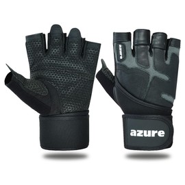 Azure Leather Weight Lifting Gloves Black/Grey Men Gym Fitness Workout, Anti Slip Padded Full Palm Protection, Women Bodybuilding Strength Training Exercise, Half Finger Cycling Rowing Climbing Large