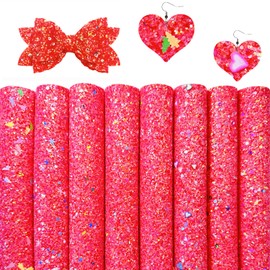 Shalun 8 Pcs/Pack A4 Neon Red Chunky Glitter Christmas Valentines Faux Leather Fabric Sheets for Bows Crafts 8x12 inch