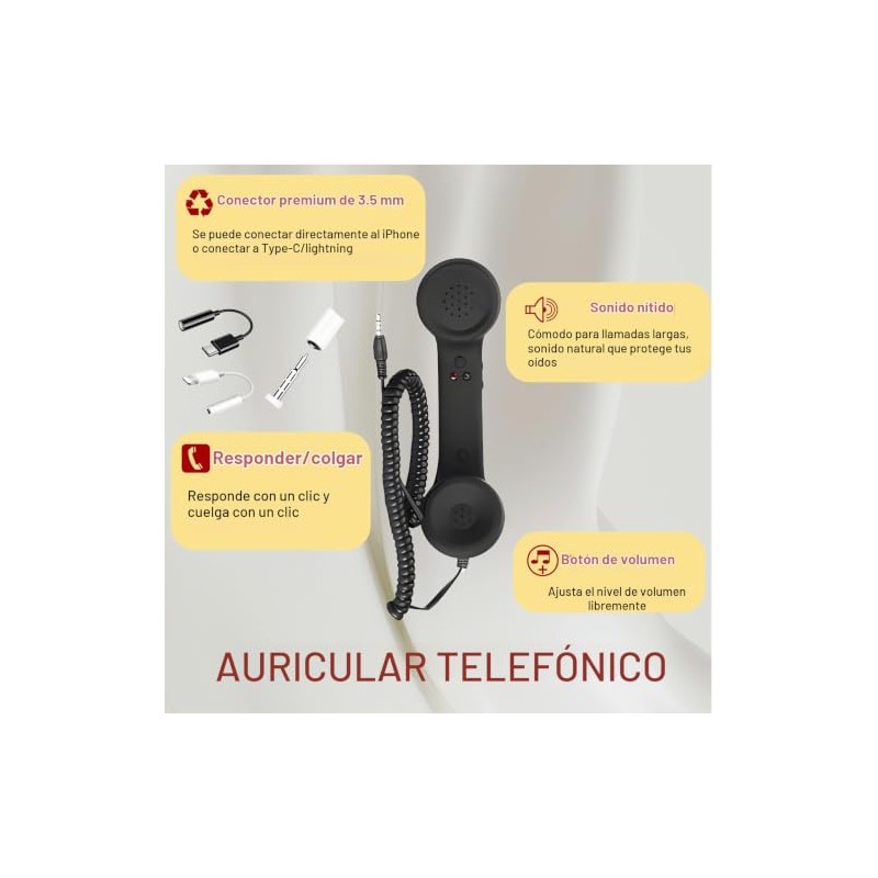 Auricular retro con adaptador, auricular de telfono retro de 3.5