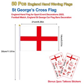 50PCS St Georges Hand Flags - England St George's Cross Handheld Flags with Pole Small Hand Waving Bunting for St George's Day Sport Event Rugby Football Party Decorations (Bonus 2pcs Tattoo Stickers)