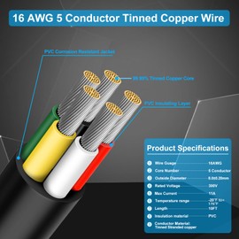RESHAKE 16 Gauge 5 Conductor Wire, 10FT 16/5 Tinned Copper 5 Wire Cable,Stranded Electrical Wires for Sprinkler,Thermostat,Trailer,Irrigation,Automotive