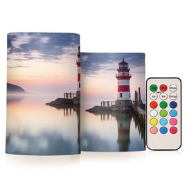 YETTASBIN Lighthouse Flameless Candles with Remote Control and Timer, Adjustable Brightness Long Lasting Battery Operated LED Pillar Candles for Indoor Outdoor Party Home Decor, 2 Pack