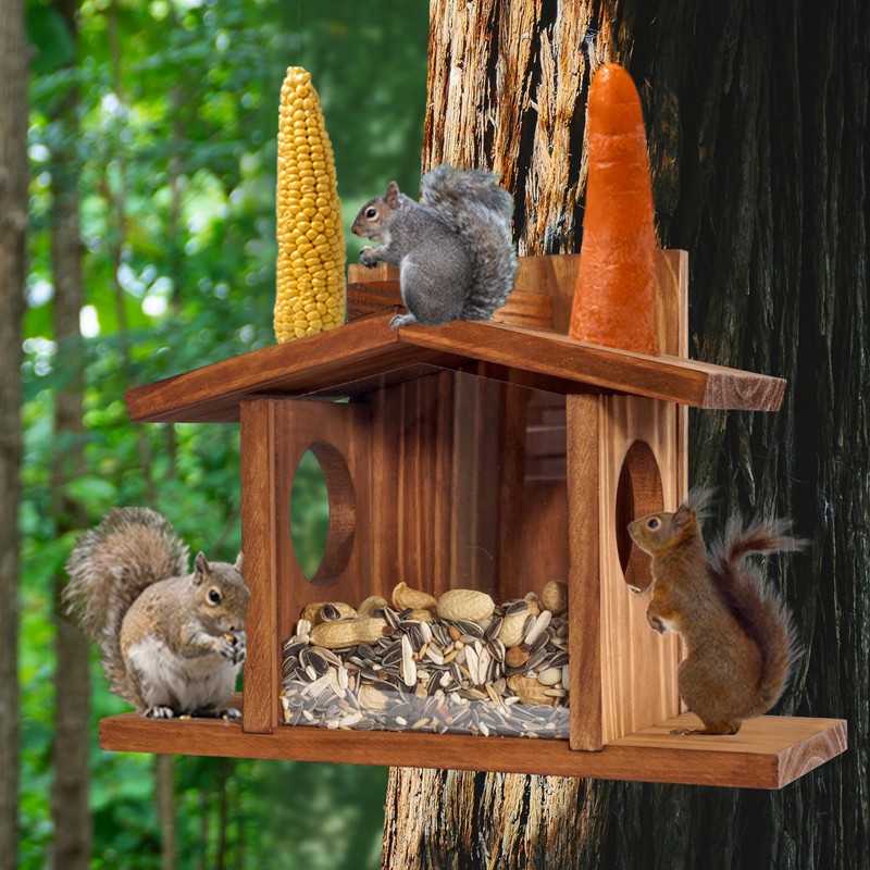 MIXUMON Wood Squirrel Feeder, Squirrel Feeders for Outside Winter, Wooden