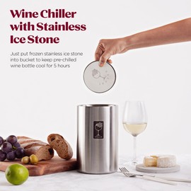 IPUJAN Wine Chiller Bucket with Stainless Ice Stone - Champagne Bucket for 750ml Single Bottle Cold up to 5 Hours - Iceless Insulated Double Walled White Wine Cooler Bucket (Silver)