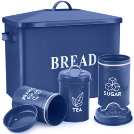 Navy Blue Bread Box with Canister Sets for Kitchen Countertop, E-far Metal Storage Container Holder for Farmhouse Decor, Vintage Style & Extra Large - Holds 2+ Loaves Sugar Coffee Tea
