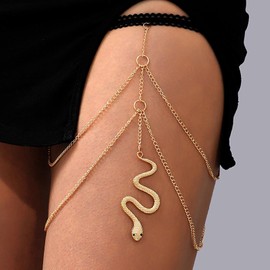 Atentuyi Multilayer Thigh Chain Punk Snake Leg Chain Gold Tassel Thigh Chain Elastic Strap Bikini Boho Body Chain Summer Beach Snake Leg Jewellery for Women and Girls