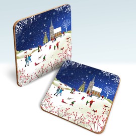 Christmas Coasters, Pack of 6 cork coasters - Snowy Church. This Christmas tableware makes a lovely Christmas table decoration, by Just Cards Direct