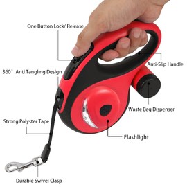 Best Dog Supplies Retractable Thick Dog Leash for Large Dogs with Bag Dispenser and Flashlight, 26ft/8M Dog Leash for S, M, Large Dogs up to 110lbs Pet Leash One Button Break Retractable Leash - Red