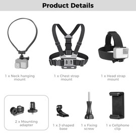 Varku 3-in-1 Action Camera Selfie Mount Kit,POV Selfie Chest & Head Strap Mount & Neck Hanging Bracket, Hands Free Video Vlog Camera & Phone Support Holders Set Hero/Insta360/Xiaomi Tripod