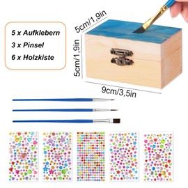 YUNXCNA Small Wooden Box, Pack of 6, Small Wooden Treasure Chest, Rectangular Wooden Box, Treasure Chest with Lid, with 5 Diamond Stickers and 3 Brushes, for Crafts, Birthday Parties and DIY