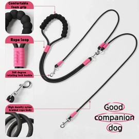 Double Dog Lead Coupler & Traction Rope (one set), Tangle-Free 360° Rotation with Two Separators, Wear-Resistant One-Tow-Two Leash, Ideal for Walking Medium to Large Dogs (Black)