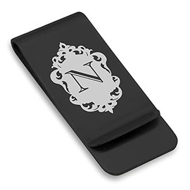Comfort Zone Studios Stainless Steel Royal Crest Letter N Initial Classic Slim Money Clip Credit Card Holder, Black