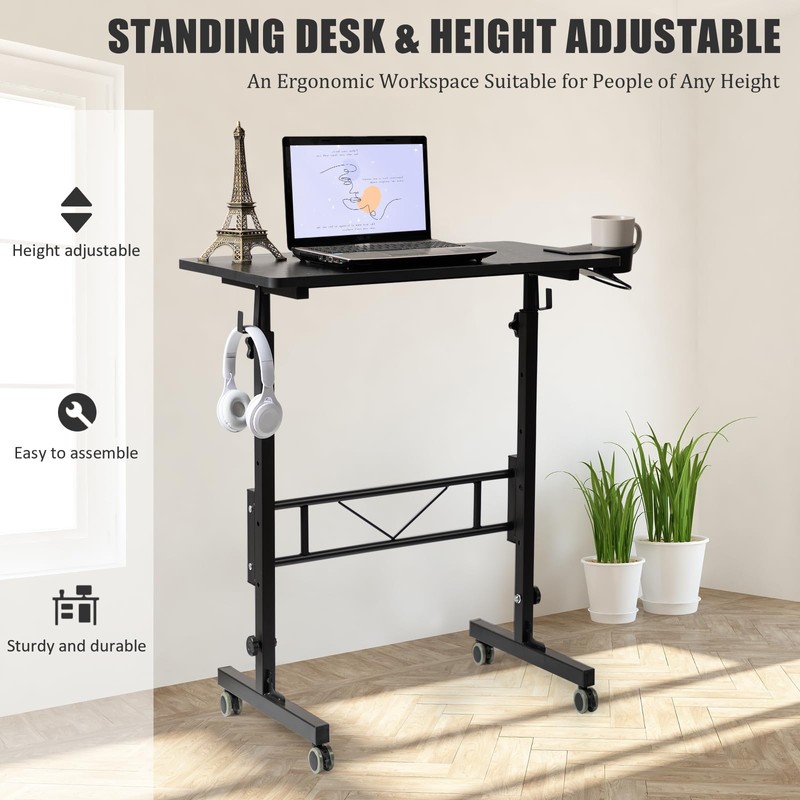 SIDUCAL Standing Desk Adjustable Height, Small Mobile Table with Wheels,