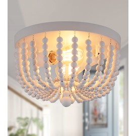 Q&S Boho Chandelier Wood Beaded Flush Mount Ceiling Light Fixtures for Nursery Baby Bedroom Kitchen Hallway,Oak White Finish,2-Lights