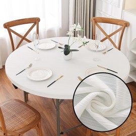 Viiamacki Jacquard Spandex Fitted Round Tablecloth, Elastic Cool Touch Fabric Table Cover, Stretch Table Cloth for Folding Dining Camping Picnic Desk Outdoor Party Festival 48 Inches White